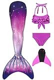 Decool 2019 Neu Mädchen Meerjungfrau Schwanz Badeanzug - Prinzessin Cosplay Bademode für das Schwimmen mit Bikini Set und Monoflosse, 4 Stück Set Ps01 120-130