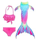 Hifunbay mädchen Meerjungfrau Schwanz Kinder Schwimmen Kostüm Enthalten 3 STÜCKE Bikini Badeanzug (DH52+WJF48,140)